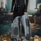 【25s Aug.】Patchwork Spray-Paint Contrast Wide-Leg Scimitar Jeans