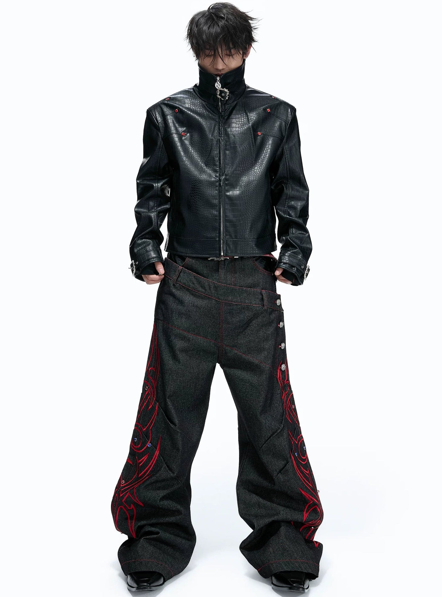 Black Red Raw Denim Embellished Jeans