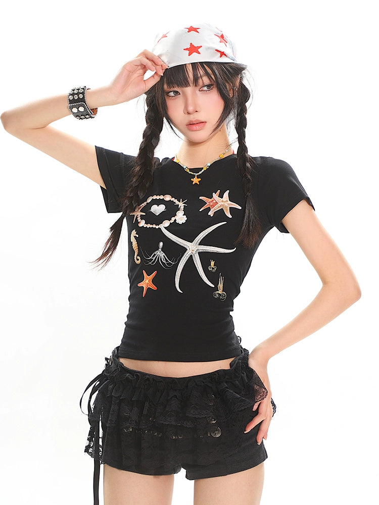 【25s June.】Starfish Shell Print Slim T-shirt