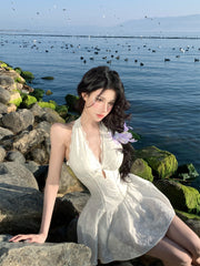【25s Apr.】French Halter V-Neck Hollow-Out Waist Dress