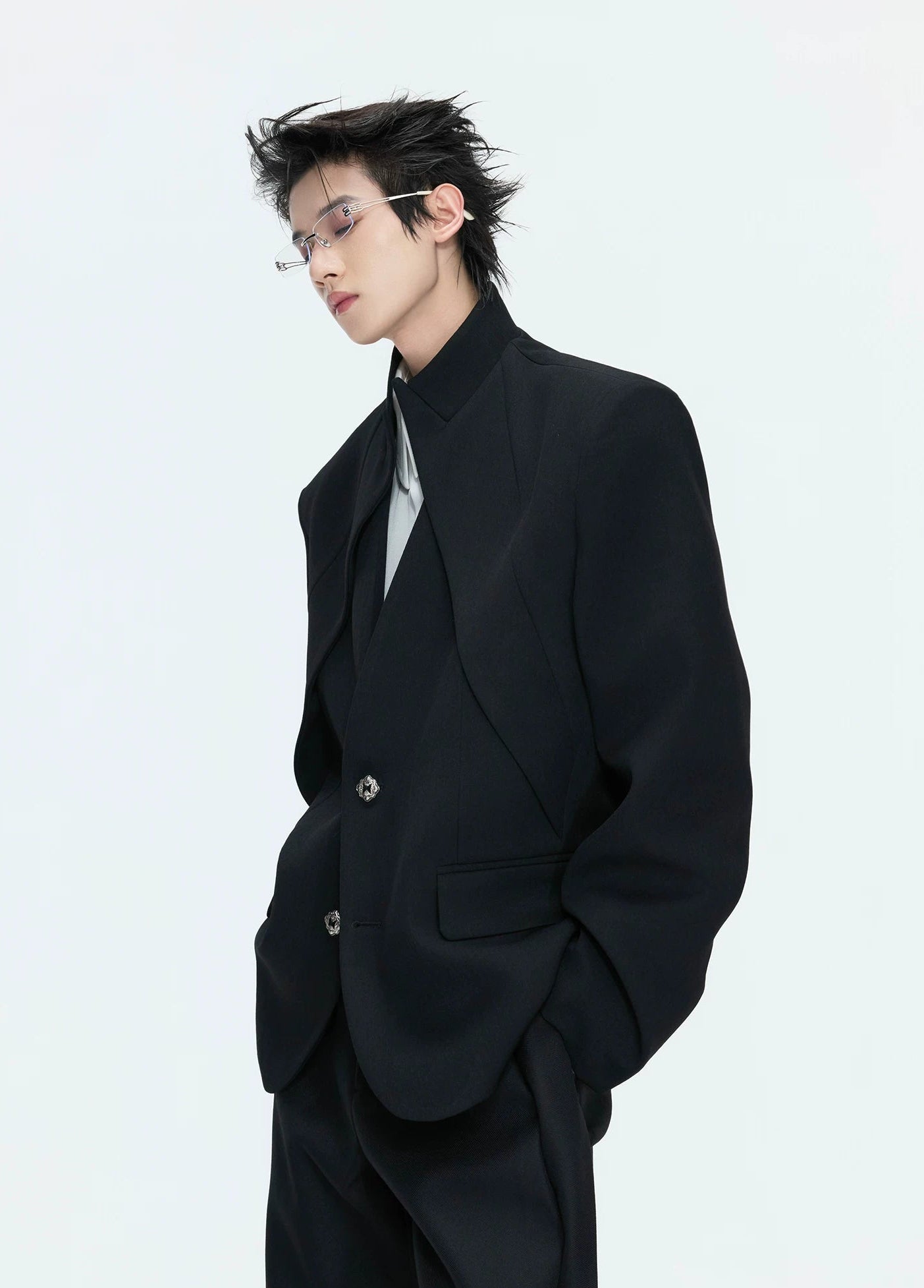 【26s Apr.】Layered Stand Collar V-Neck Structured Jacket / Pants