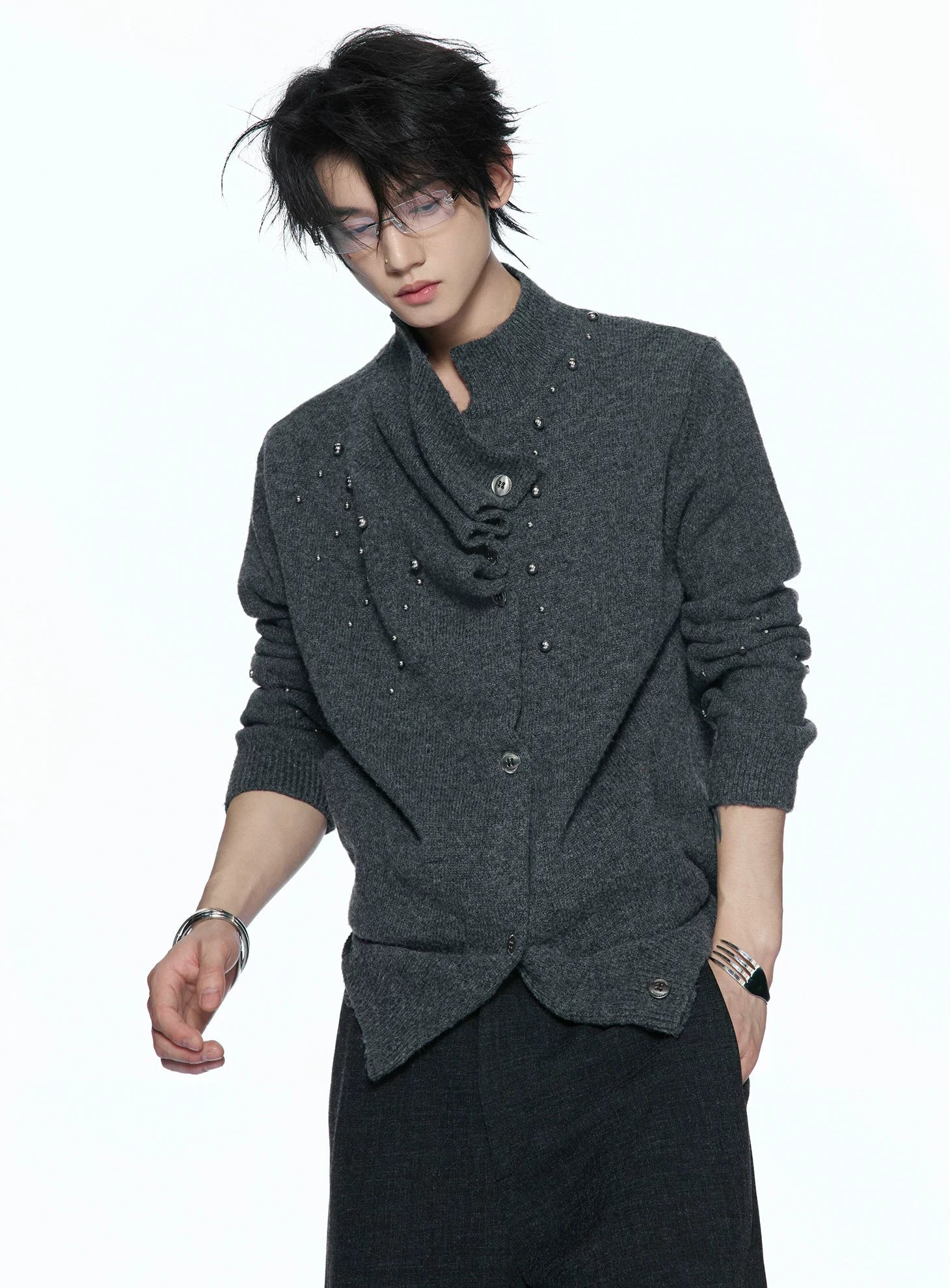 Asymmetric Studded Wool Blend Knit