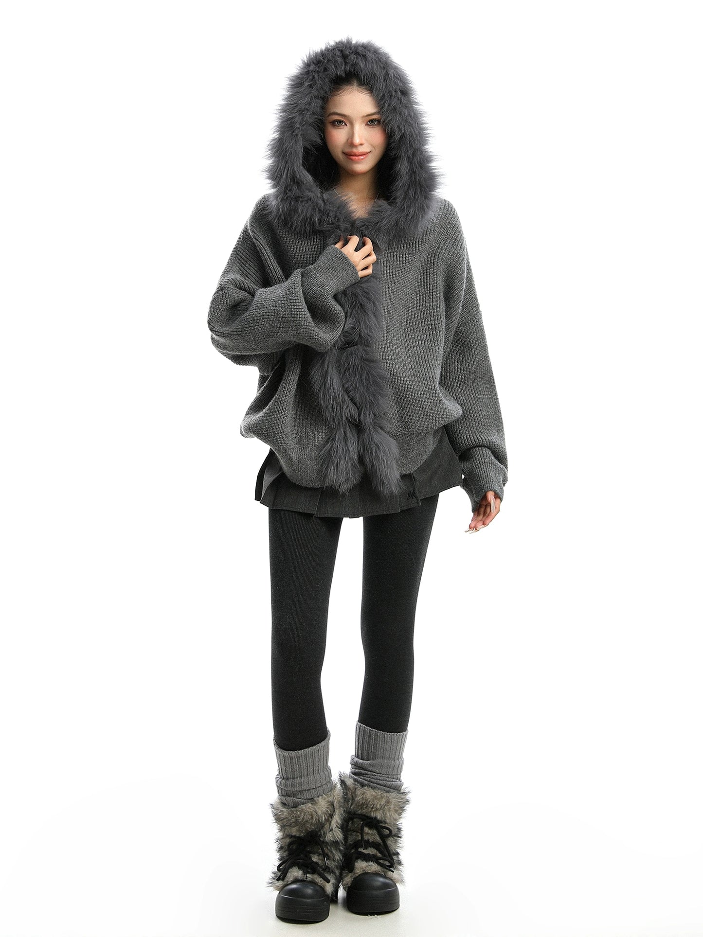 【25s Nov.】Large Fur Collar Hooded Cardigan