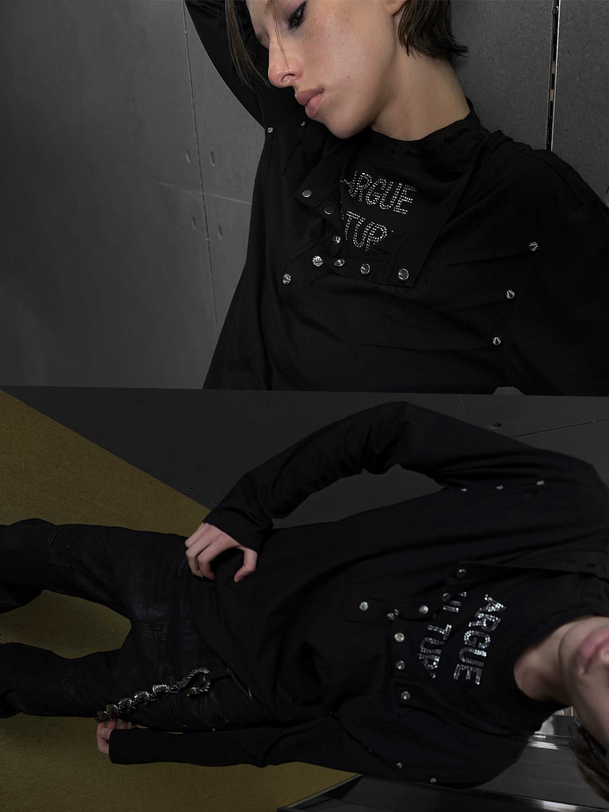 Hand-Distressed Layered Henley Long Sleeve Top