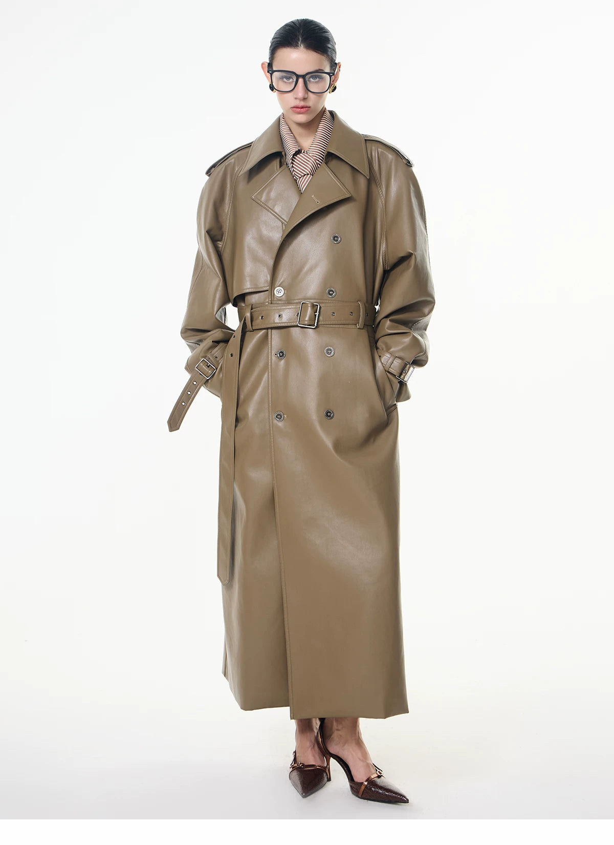 【26s May】Deconstructed PU Leather Double-Breasted Trench Coat