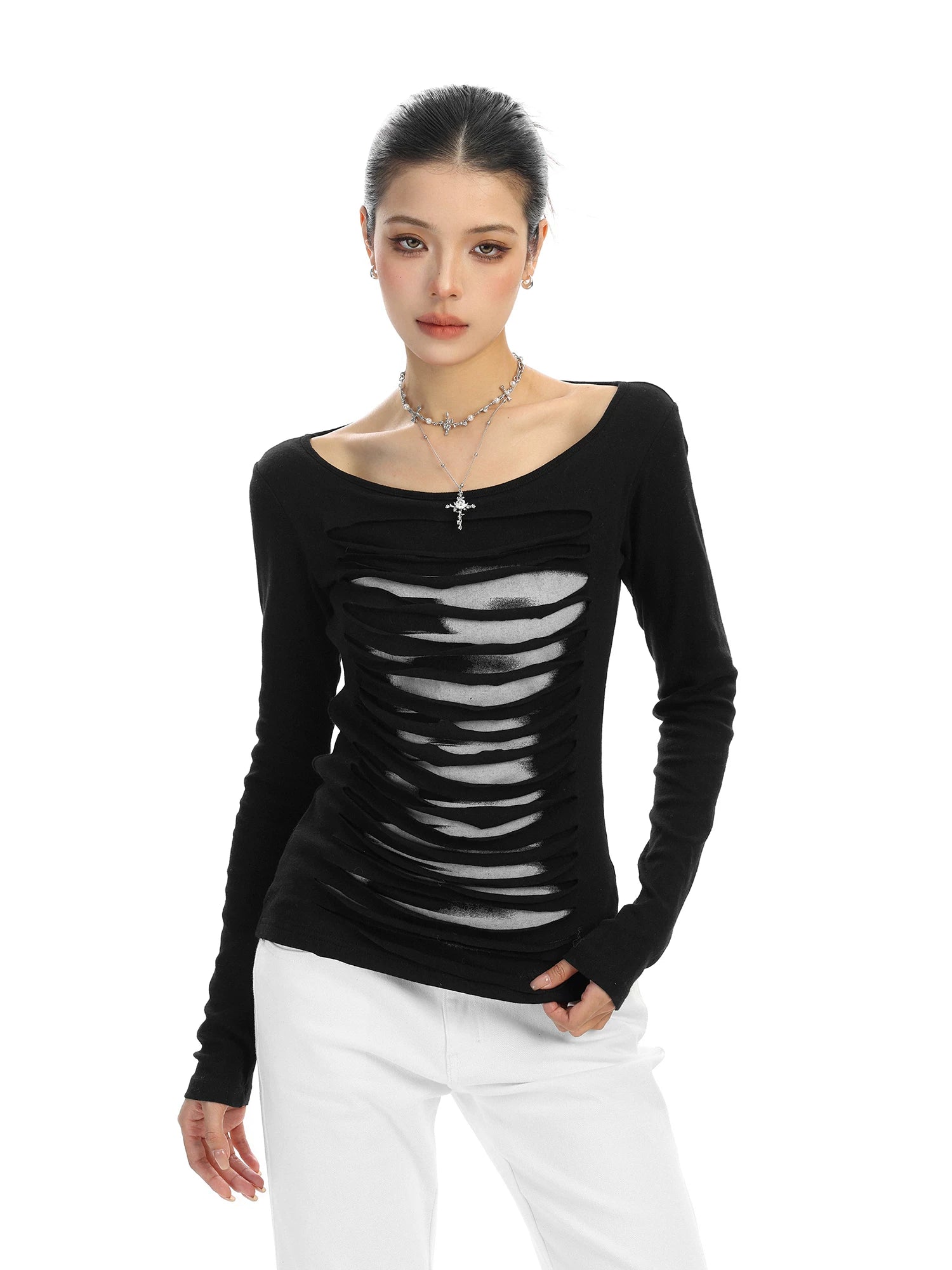 【26s Feb.】Cut-Out Open-Back Long-Sleeve Slim Fit Top
