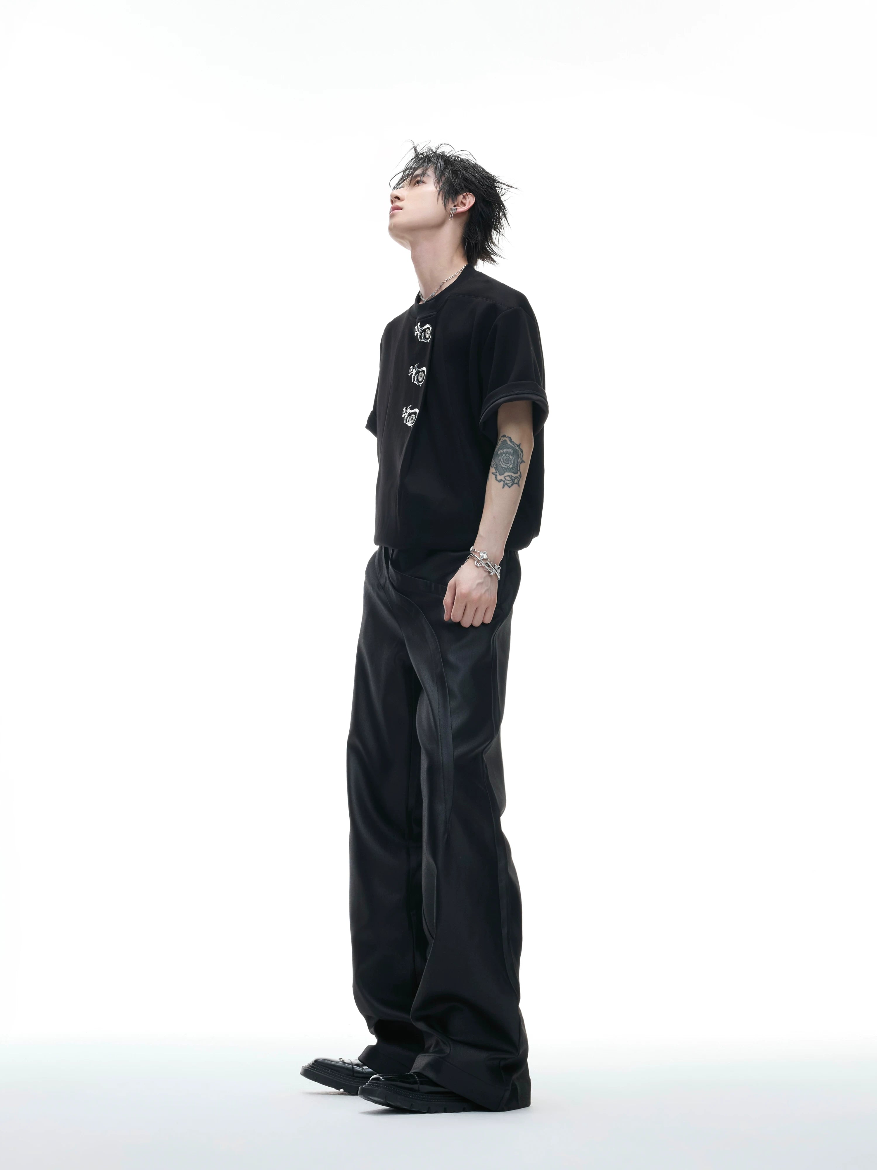 Asymmetric Placket Embroidered Tee