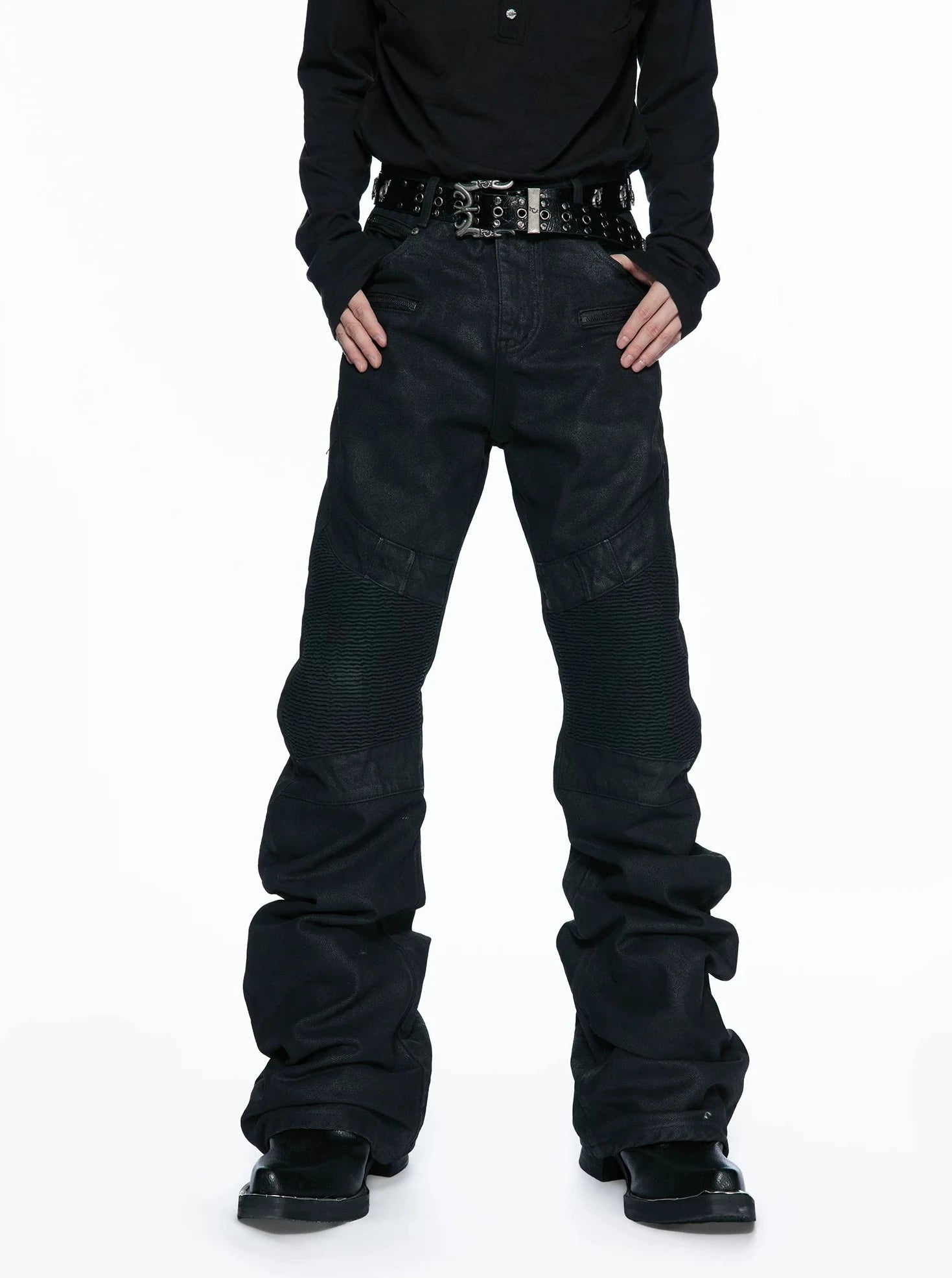Multi-Zip Waxed Scimitar Skinny Moto Jeans