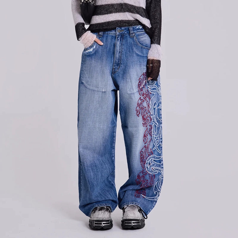 【25s Aug.】Embroidered Totem Mid-Rise Wide-Leg Jeans