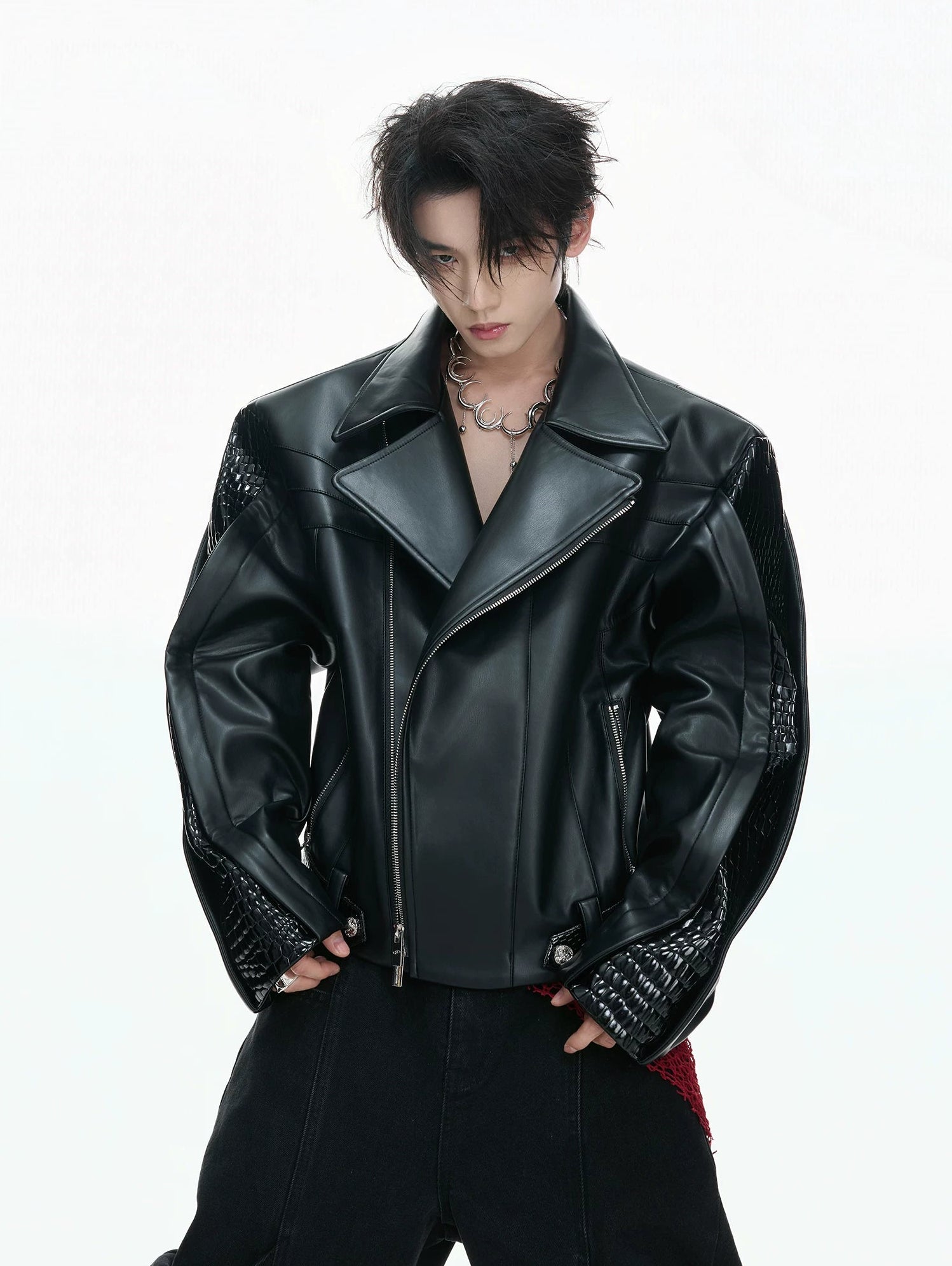 【26s Feb.】Deconstructed Croc-Embossed Asymmetric Zip Leather Jacket