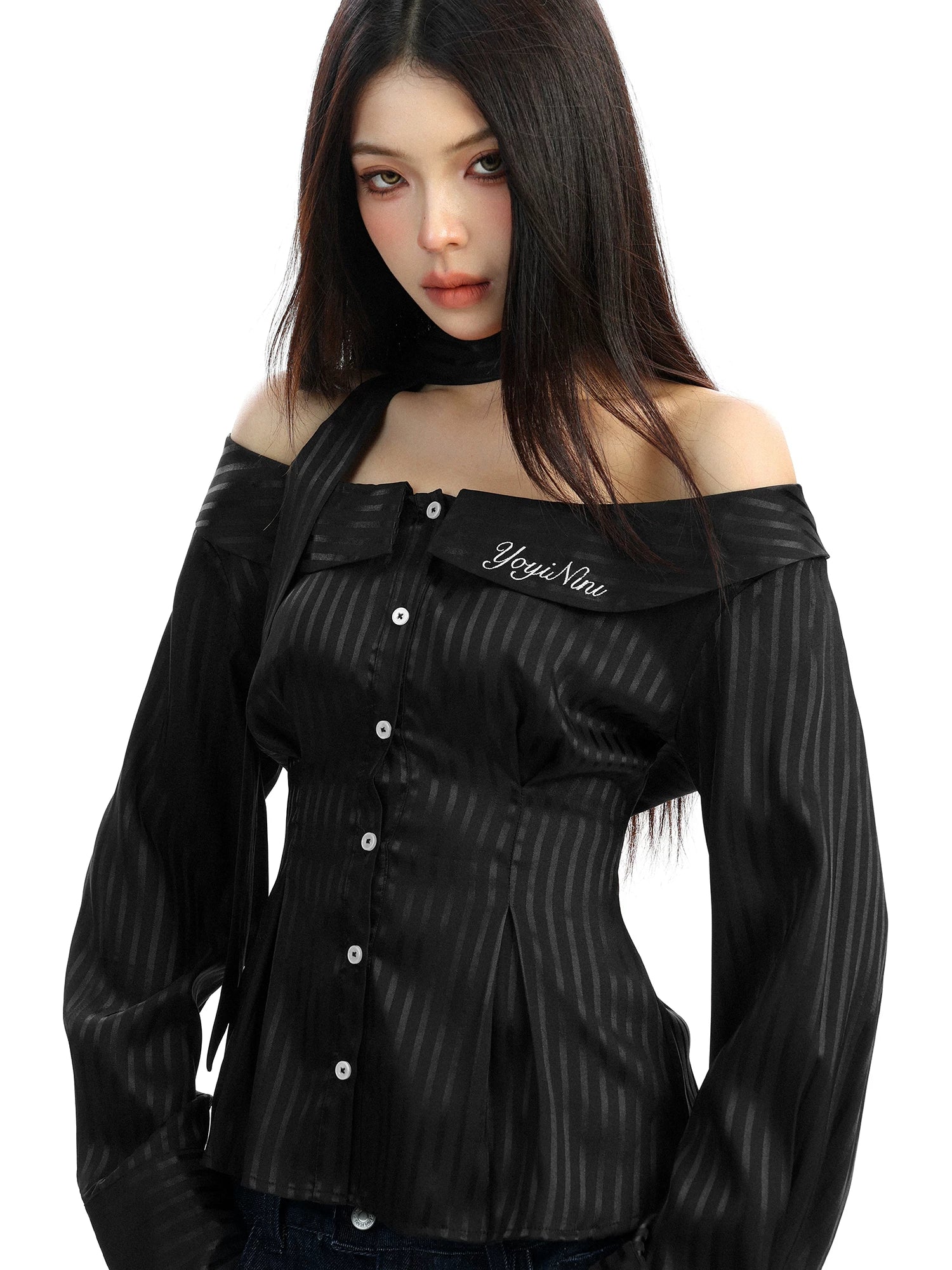 【26s Feb.】Korean Striped Off-Shoulder Waist-Fit Long-Sleeve Shirt