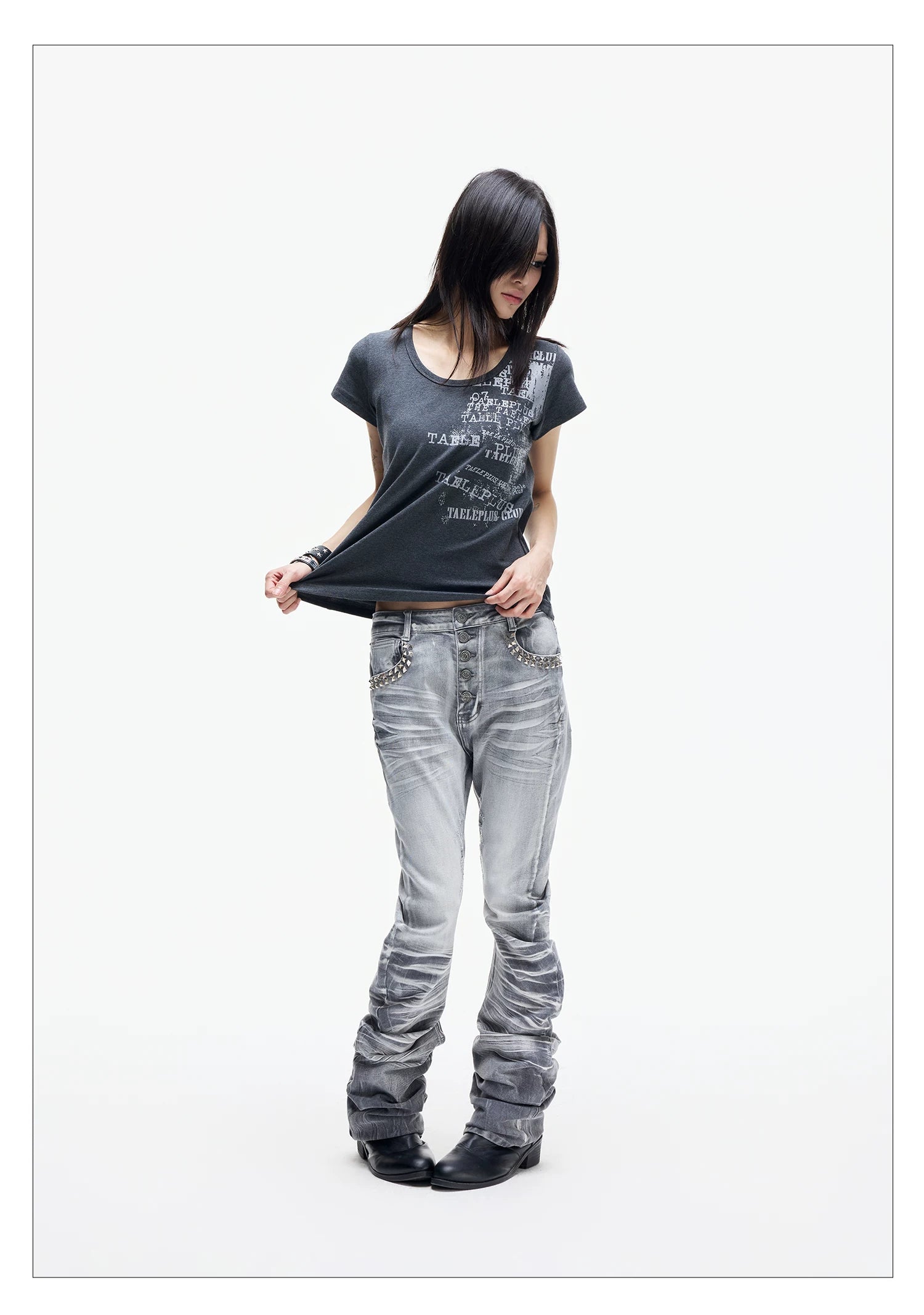 Ice Blue Studded Curved Skinny Jeans