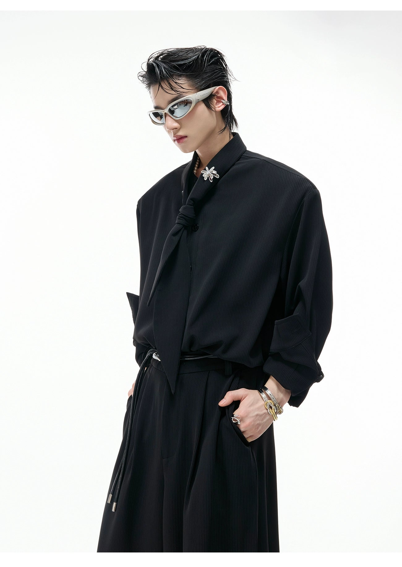 【25s Sep.】Scarf Shoulder Pad Shirt / Drape Wide-leg Pants