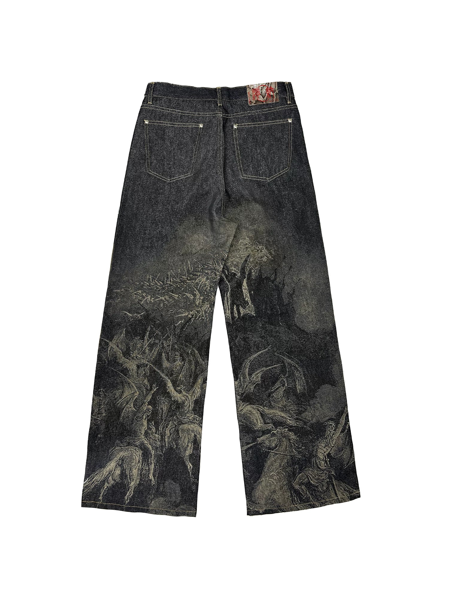 【26s May】Laser Burn Pattern Baggy Raw Denim Pants