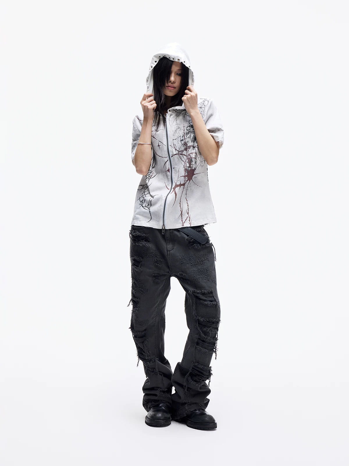Distressed Raw Hem Slim Straight Jeans