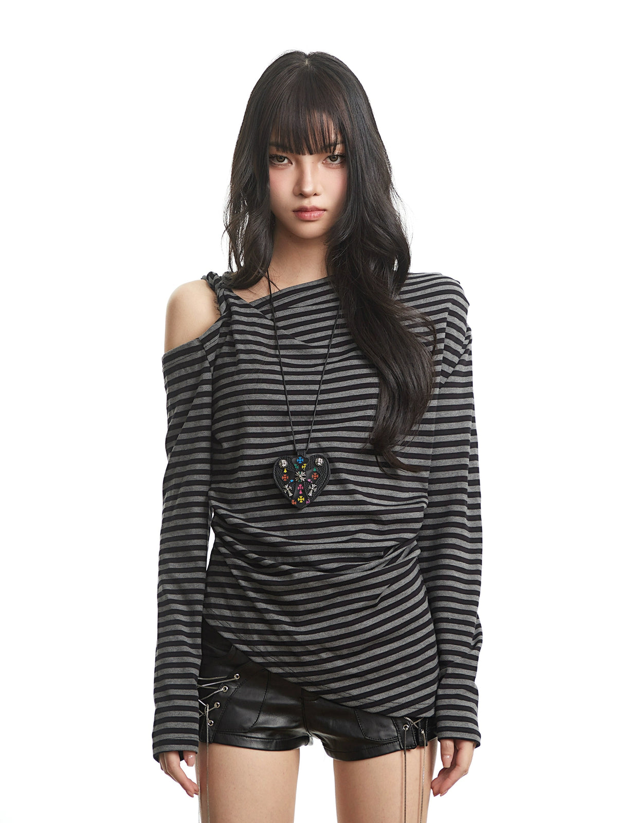 【25s Oct.】Retro Striped Off-shoulder Long-sleeved T-shirt