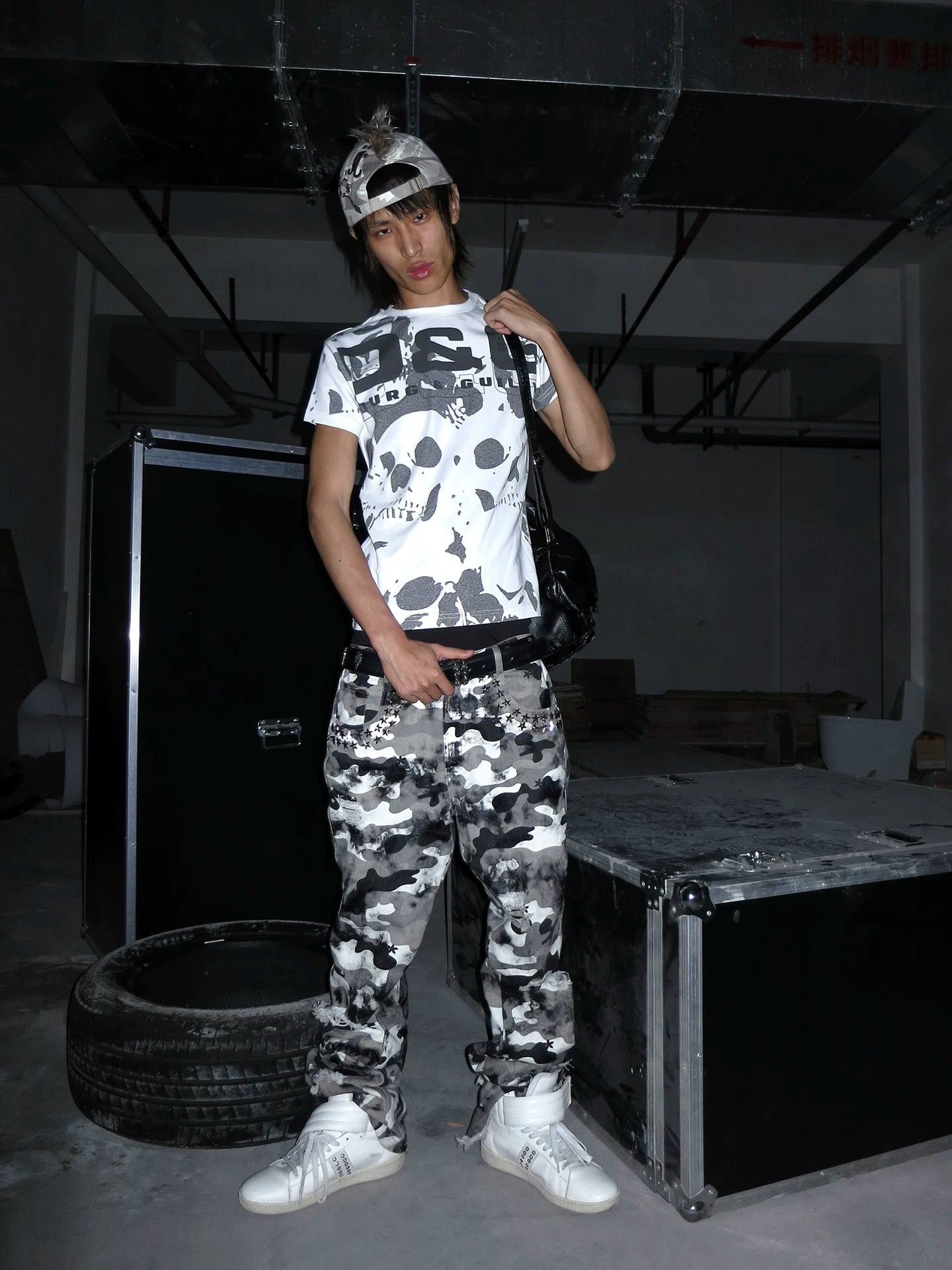 Waxed Camo Curved Flared Pants