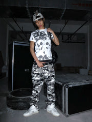 Waxed Camo Curved Flared Pants