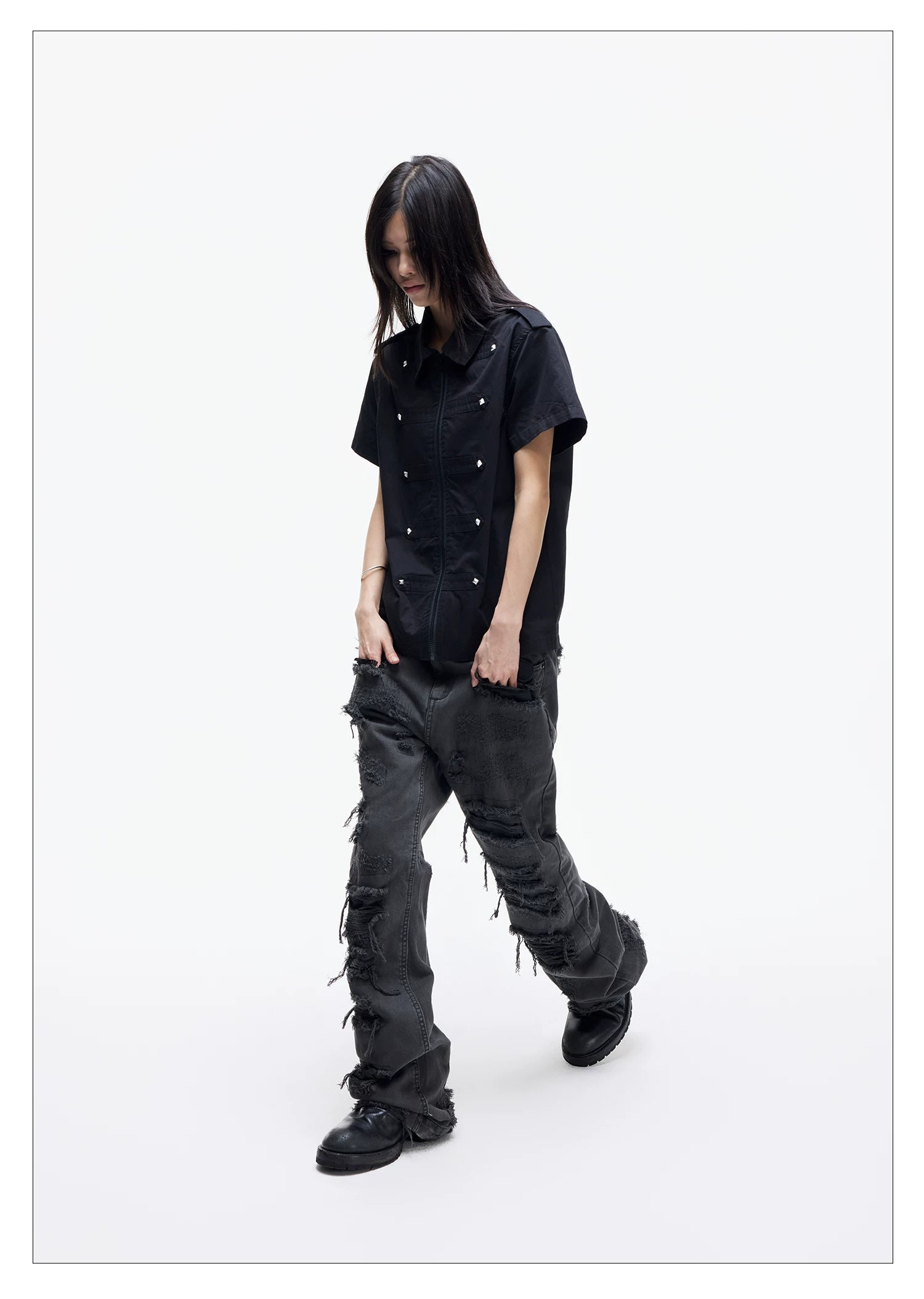Distressed Raw Hem Slim Straight Jeans