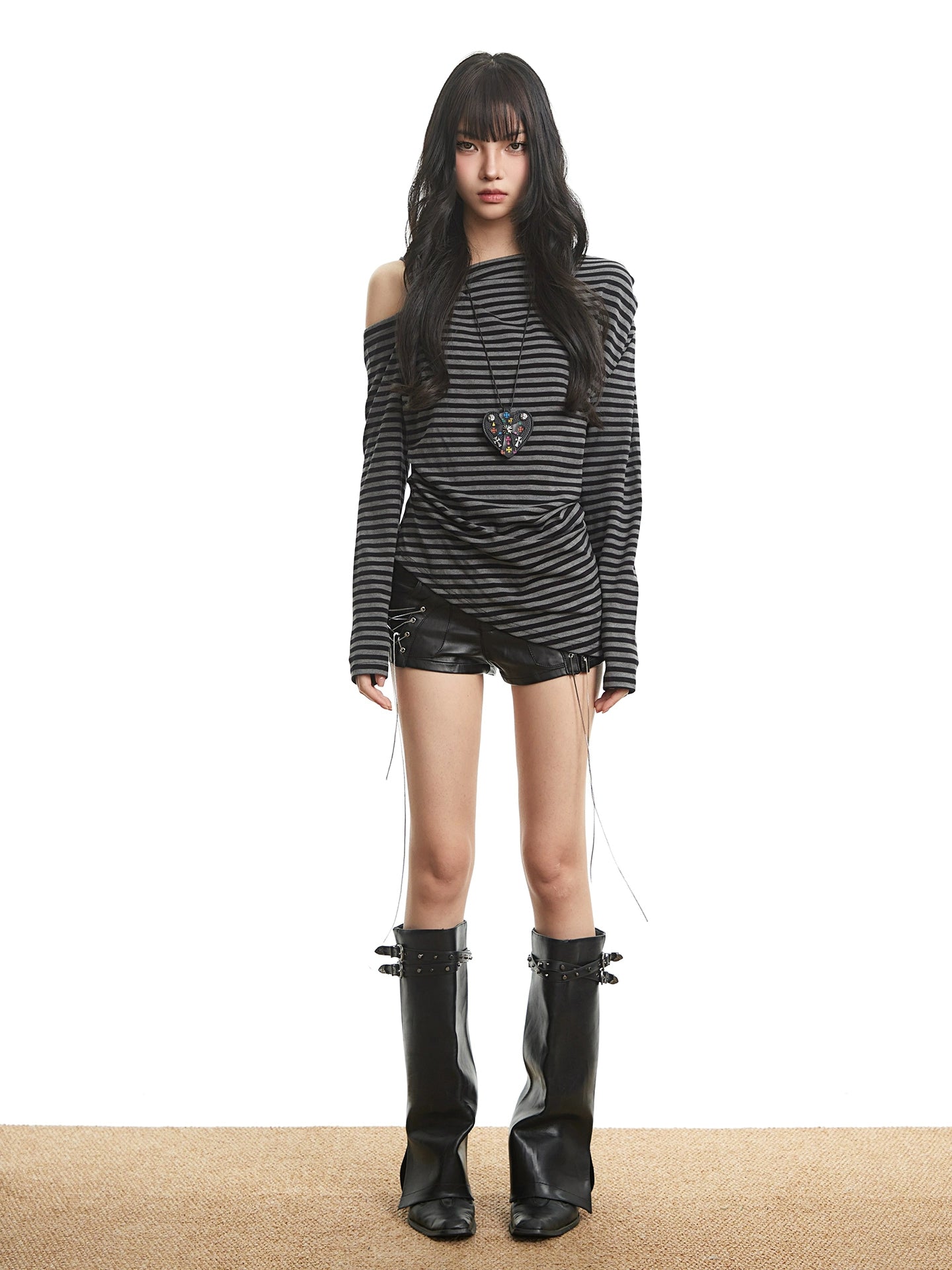 【25s Oct.】Retro Striped Off-shoulder Long-sleeved T-shirt