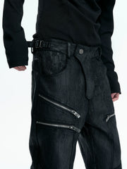 【26s May】Waxed Distressed Zip Panel Straight Denim Pants