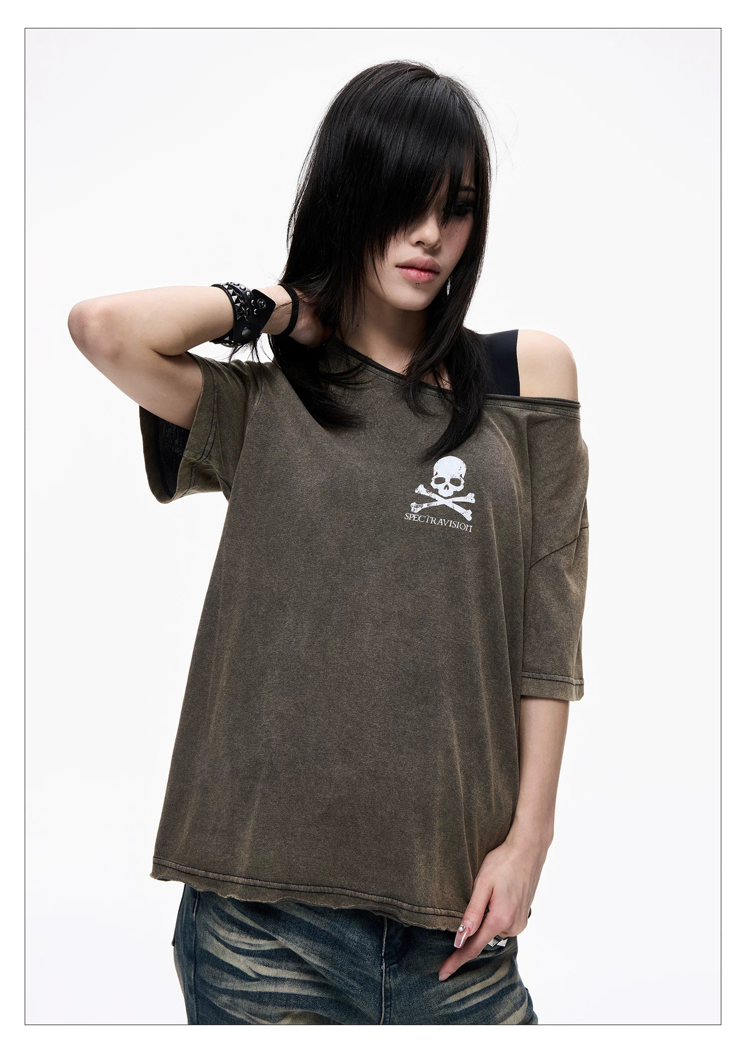 Skull Graphic Layered Off-Shoulder Tee