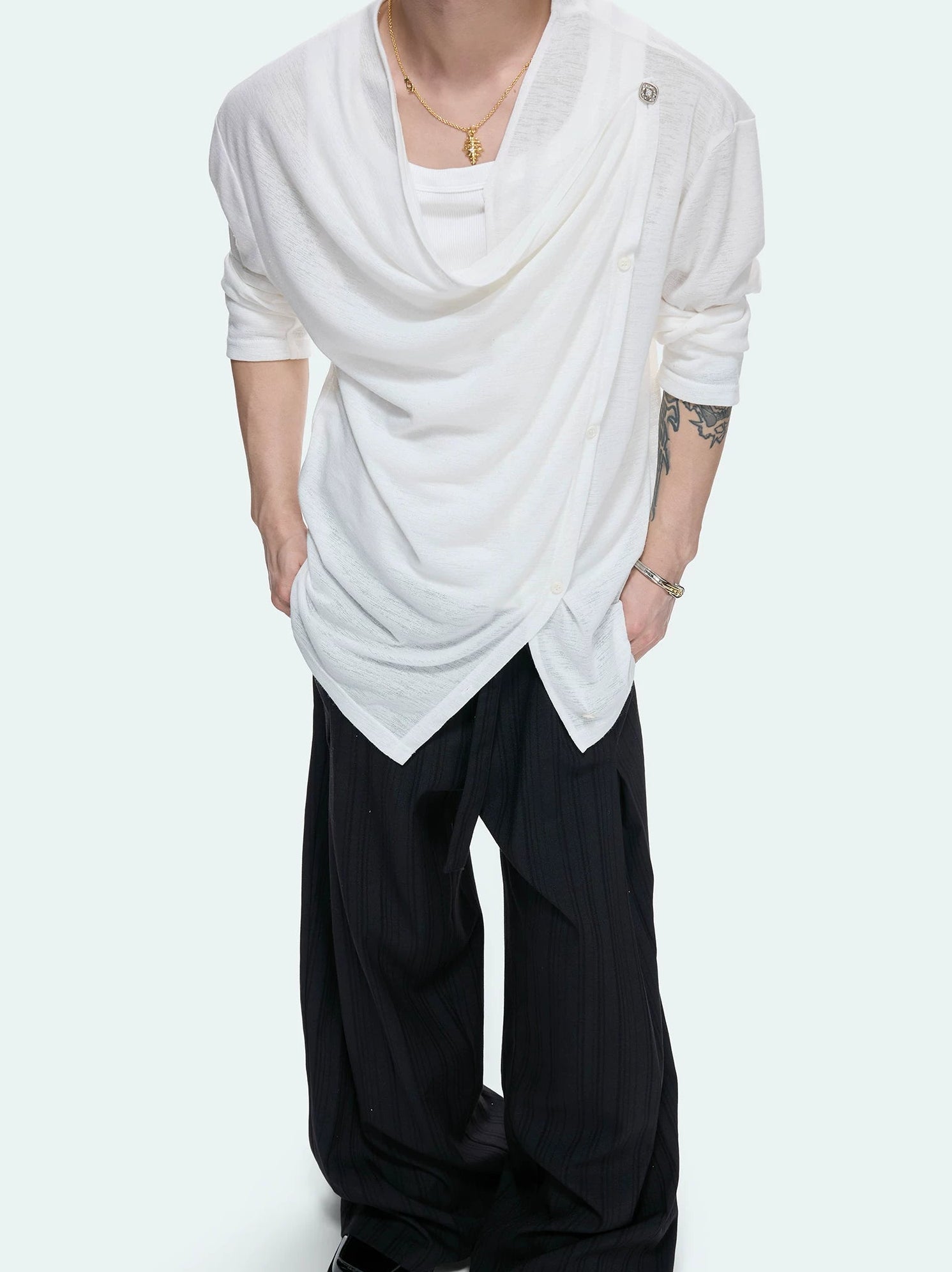 Textured Asymmetric Button Long Sleeve Top
