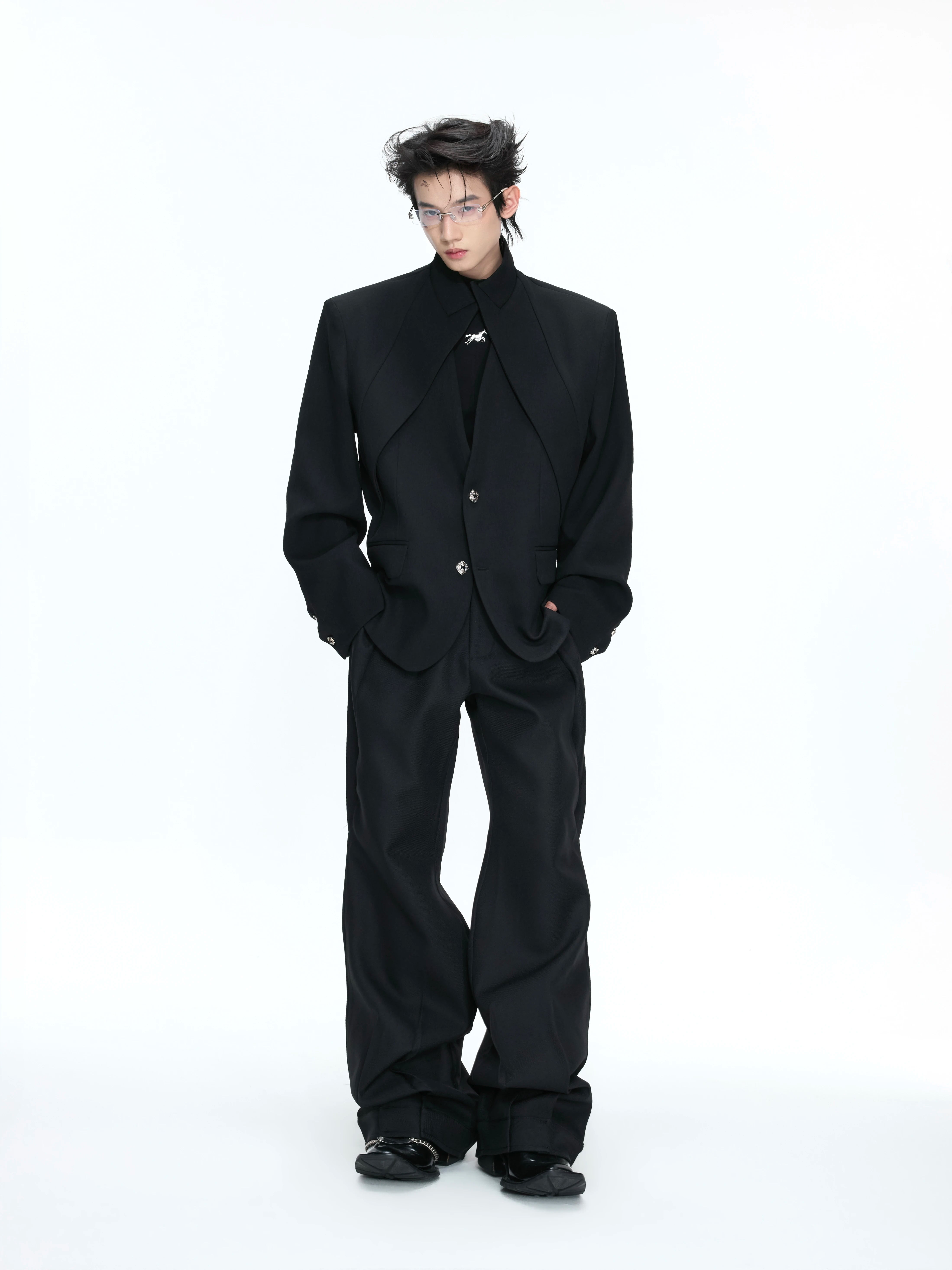 【26s Apr.】Layered Stand Collar V-Neck Structured Jacket / Pants