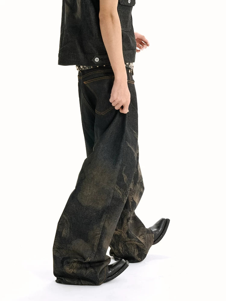 【26s May】Laser Burn Pattern Baggy Raw Denim Pants