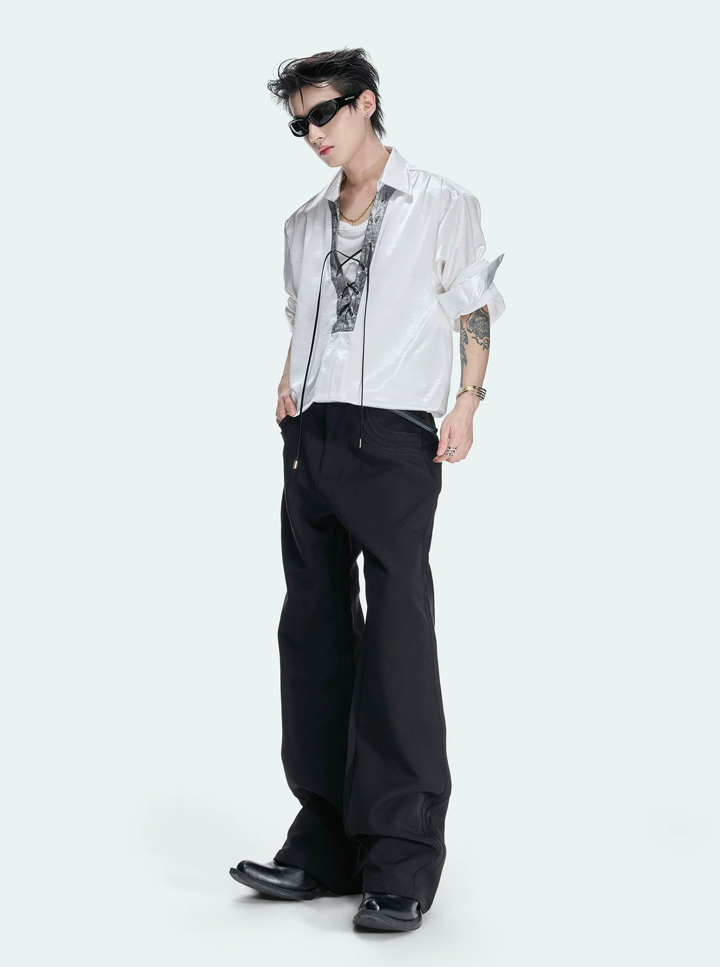 Contrast Lace-Up Satin V-Neck Shirt