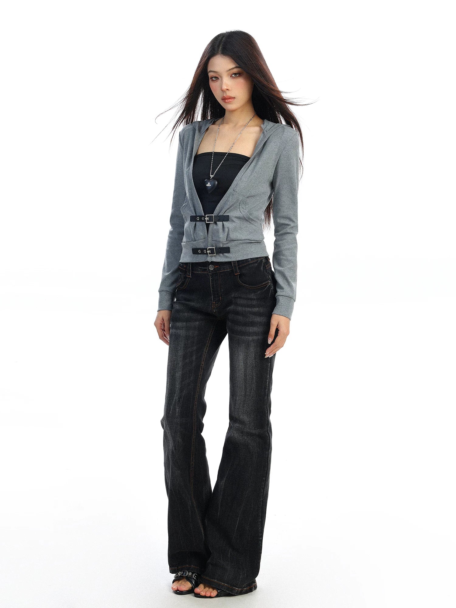 【26s Feb.】Leather Buckle V-Neck Hooded Long-Sleeve Cardigan Top