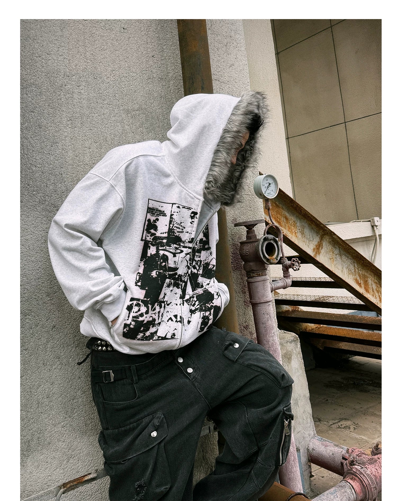 【26s Jan.】Vintage Printed Fur-Trim Zip-Up Hoodie Jacket