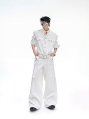 【25s Aug.】Pearl Embellishment Elegant Collarless Loose Denim Jacket / Jeans