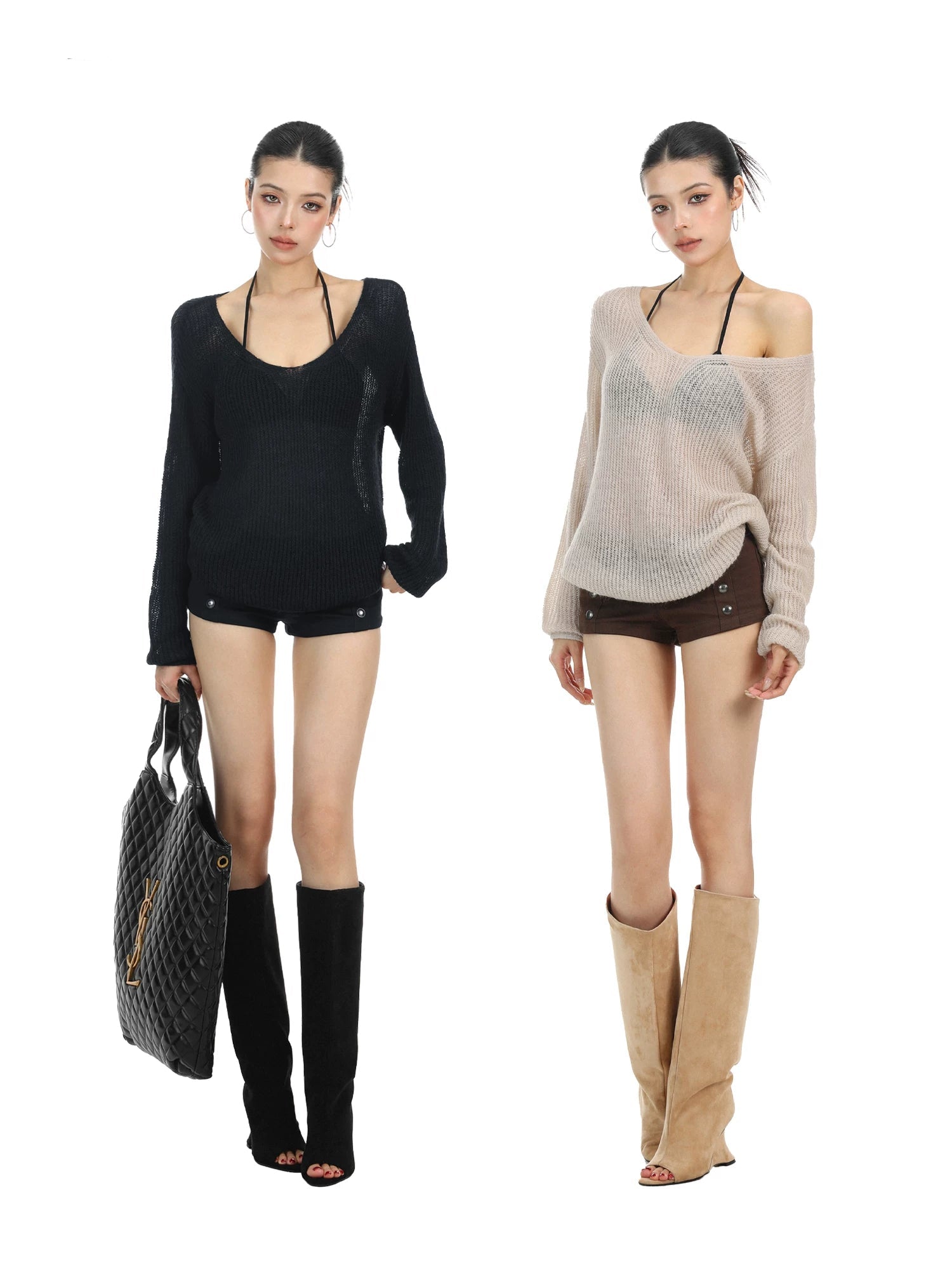 【26s May】Hollow V-Neck Sheer Knit Oversized Top