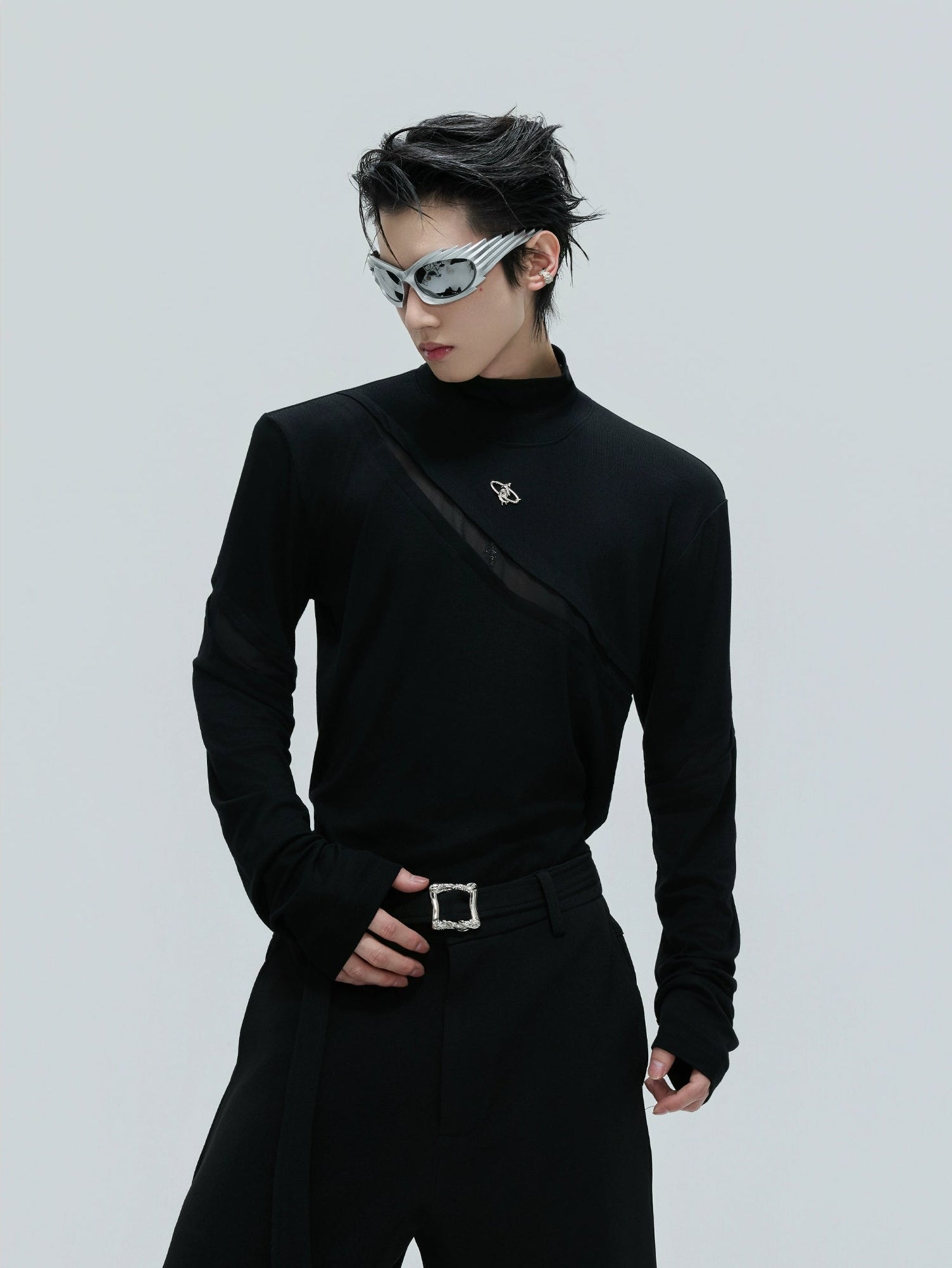 【25s Nov.】High-neck Deconstructed Base Layer High-elastic Metallic T-shirt