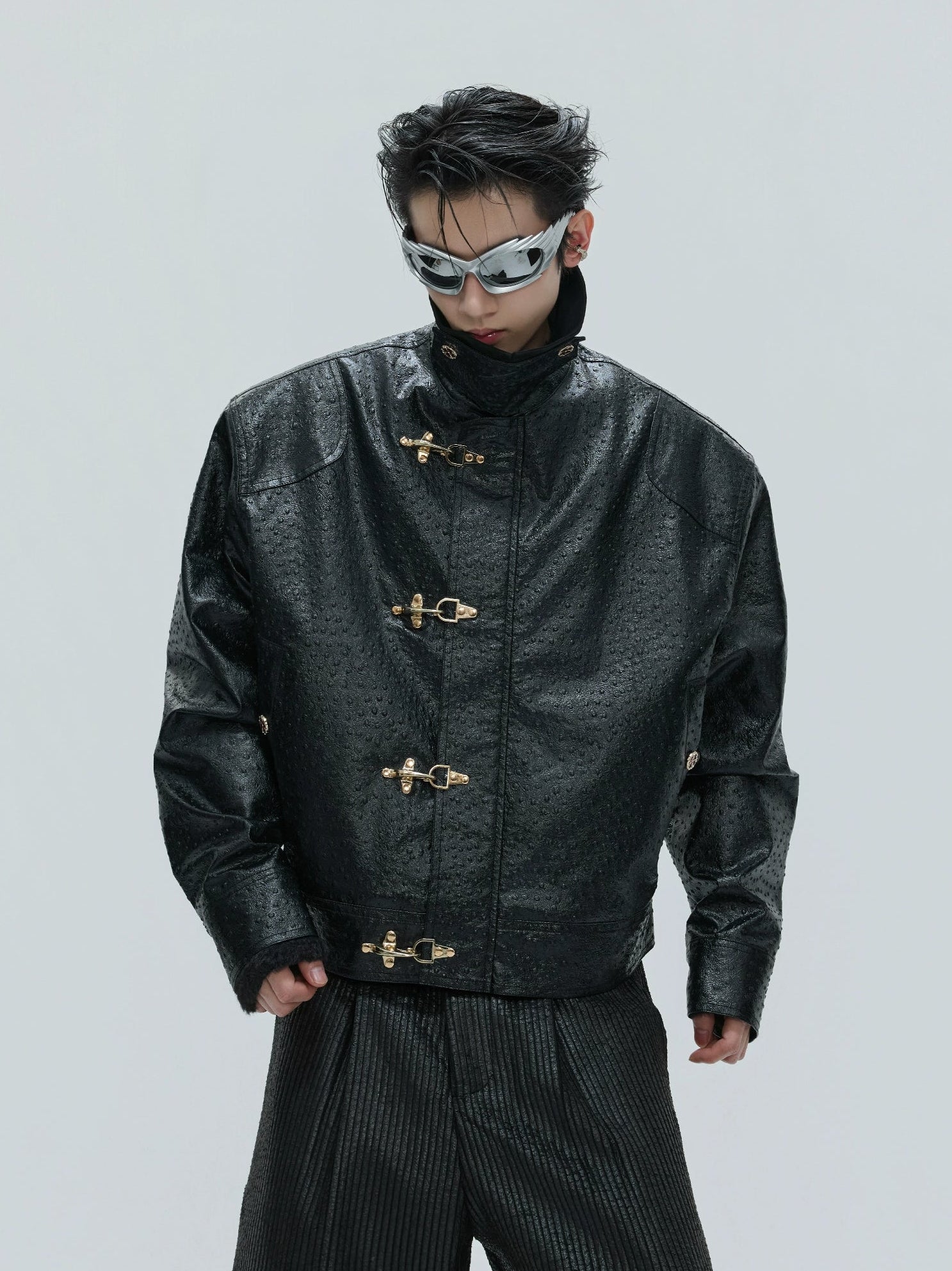 【25s Nov.】Ostrich Leather Aircraft Button Plush Leather Jacket