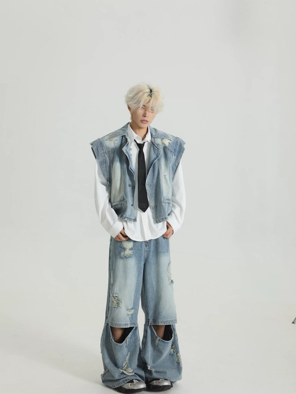 Distressed Denim Vest Wide-Leg Set