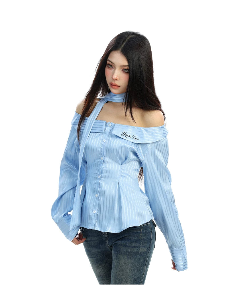 【26s Feb.】Korean Striped Off-Shoulder Waist-Fit Long-Sleeve Shirt