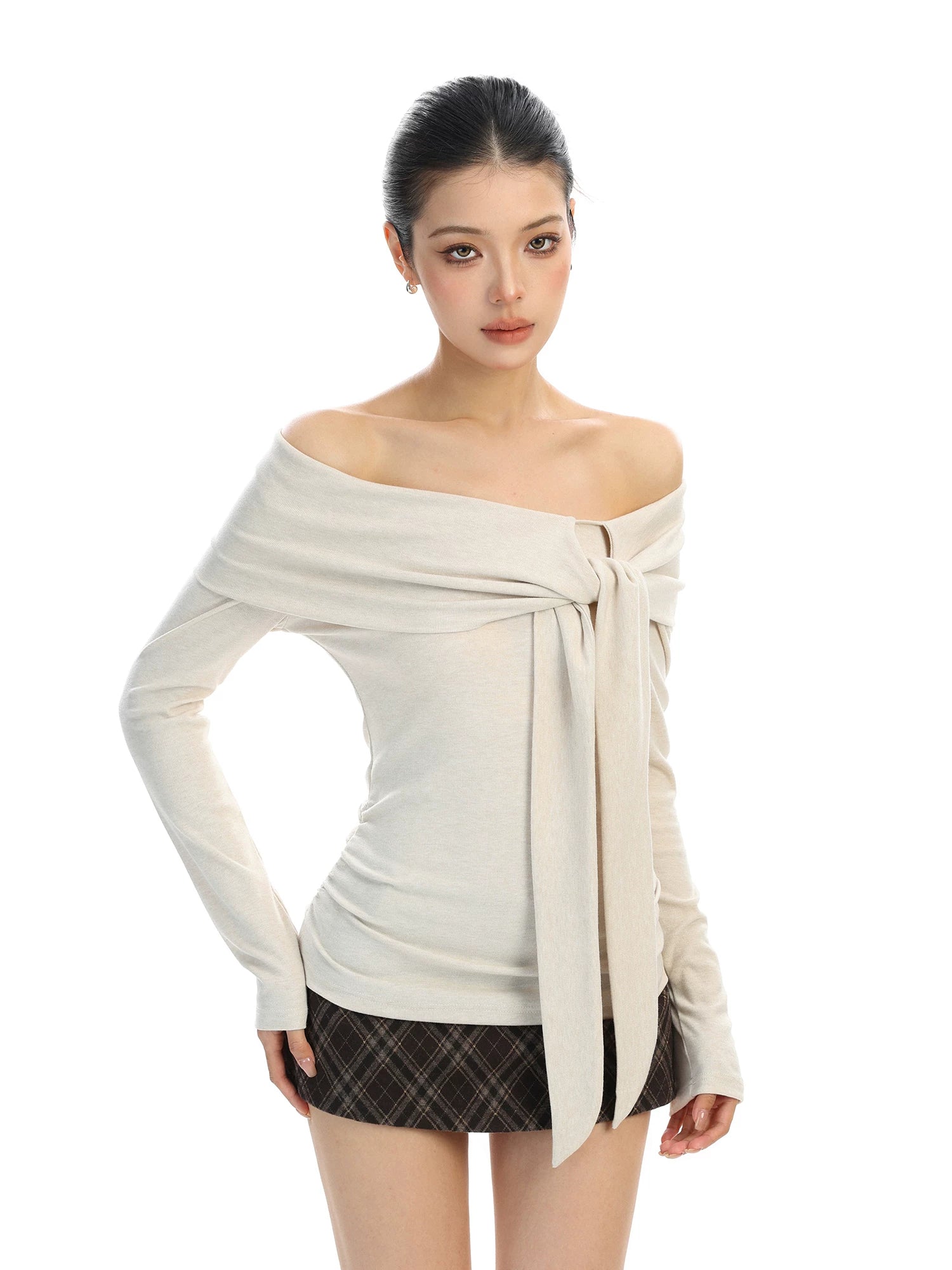 【26s Feb.】Ribbon Off-Shoulder Long-Sleeve Slim Fit Top