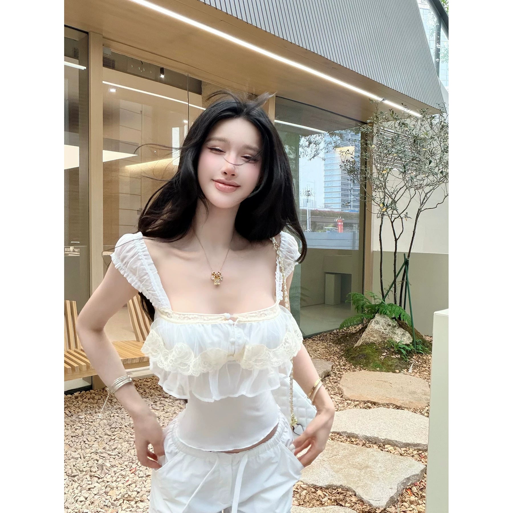 【26s May】Lace Ruffle Chiffon Bandeau Cami Top