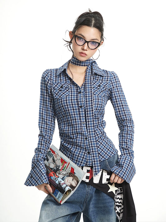 【25s Sep.】Plaid Vintage Ruched Slim Fit Waist Shirt