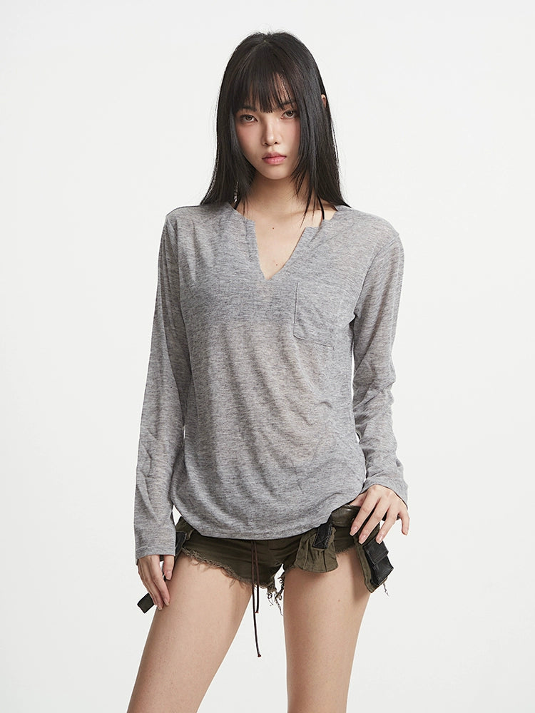 【25s Aug.】Black V-Neck Slim Fit Sheer UV Protection T-Shirt