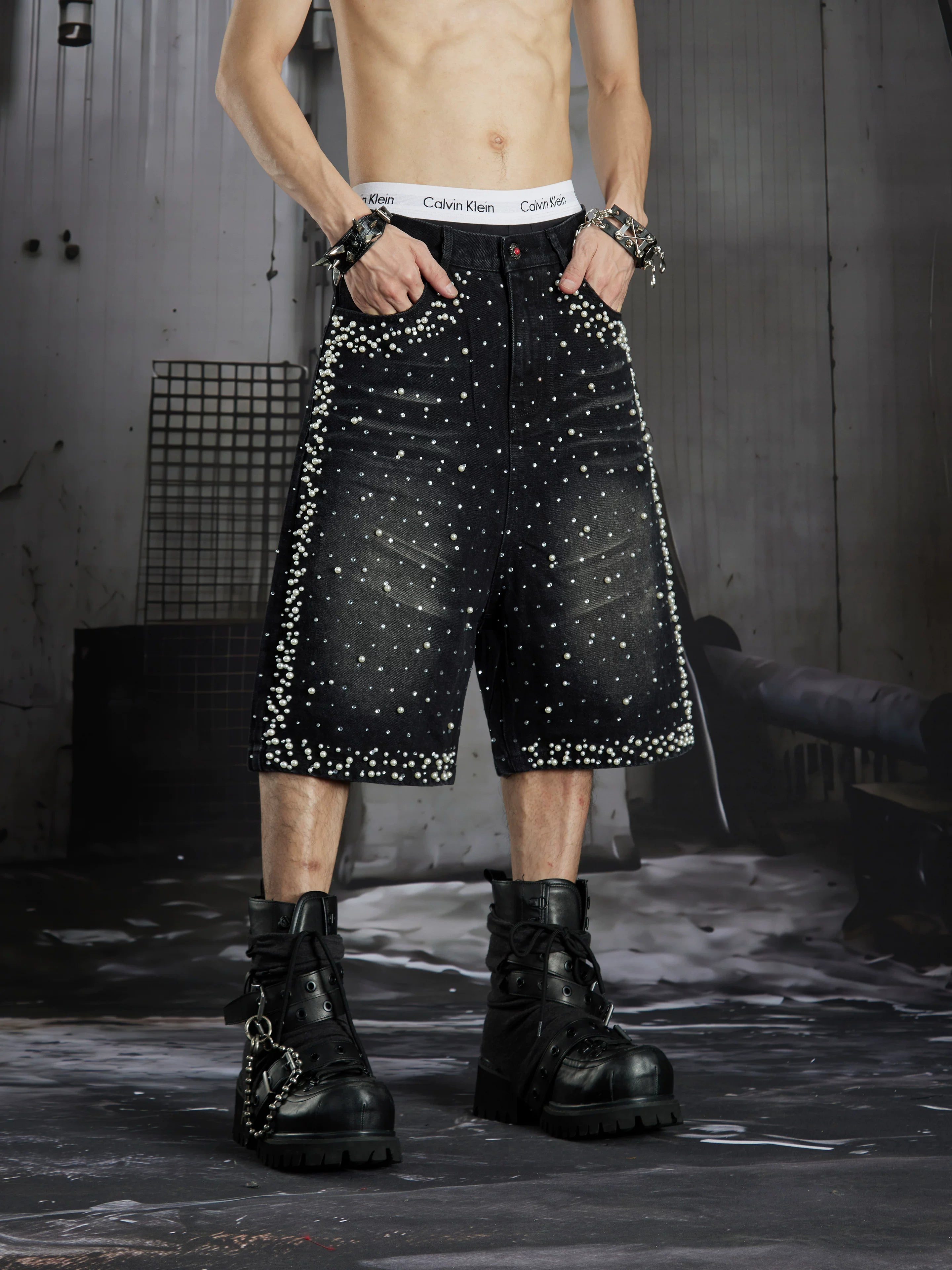 Distressed Studded Denim Cropped Shorts