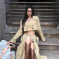 Elegant Khaki Short Trench Coat + Skirt Set