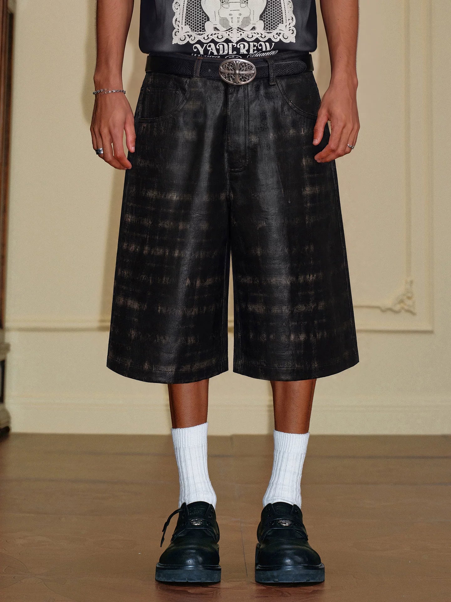 Waxed Patchwork Plaid Cropped Shorts
