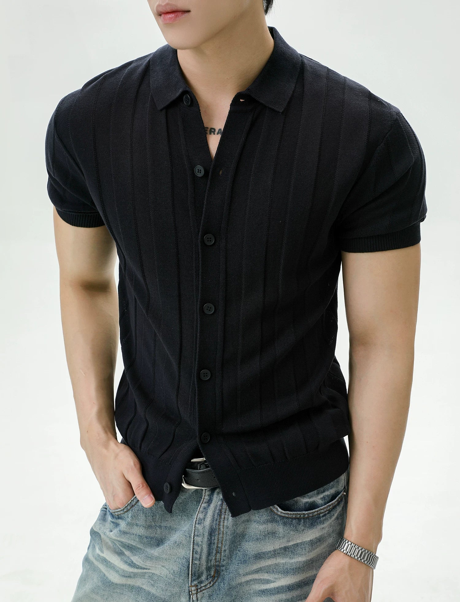Ribbed Lyocell Knit Polo Cardigan