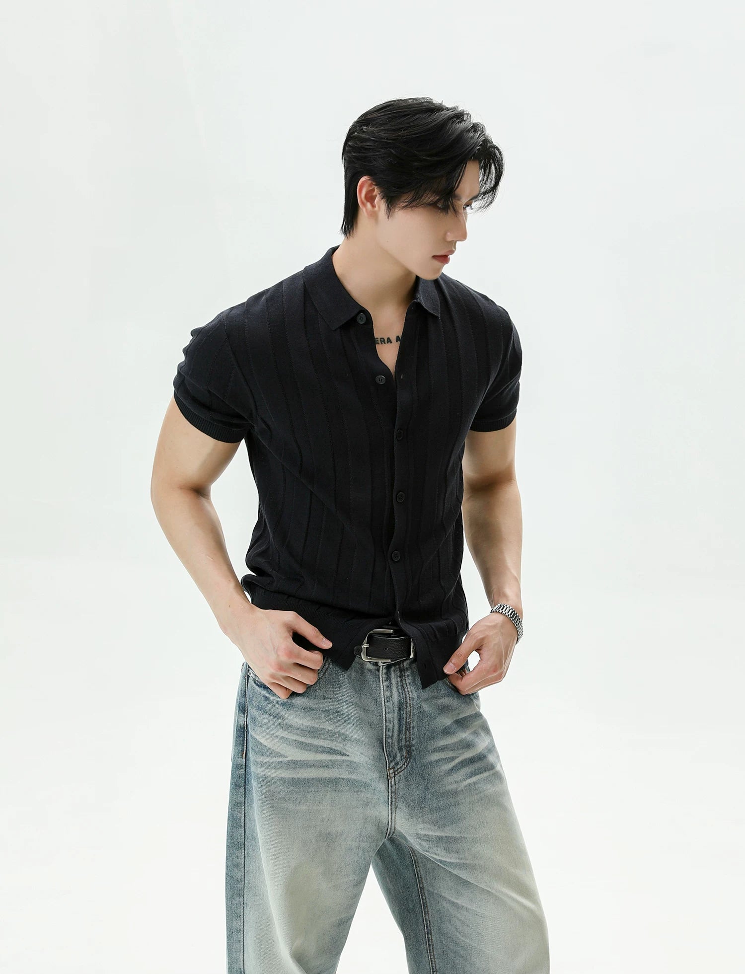 Ribbed Lyocell Knit Polo Cardigan