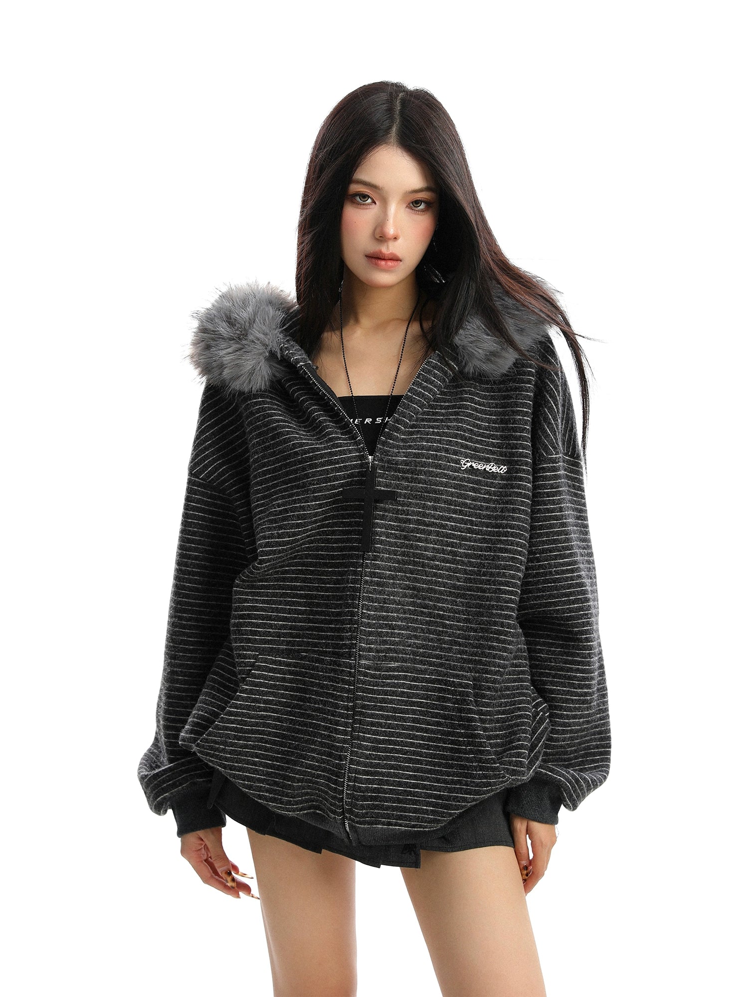 【25s Nov.】Striped Detachable Fur Collar Hooded Sweatshirt