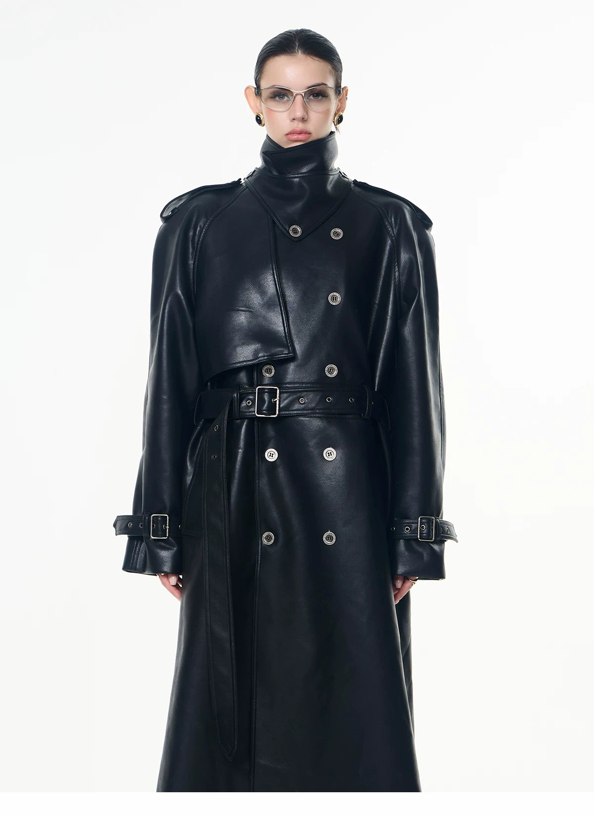 【26s May】Deconstructed PU Leather Double-Breasted Trench Coat
