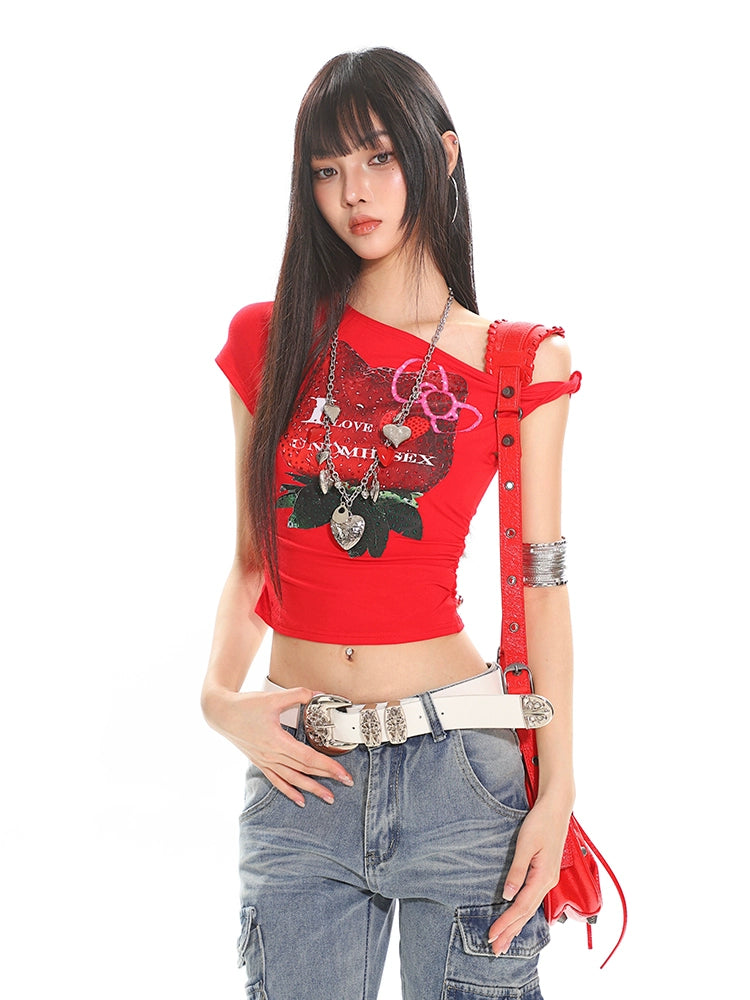 【25s Jun.】Rhinestone One-Shoulder Slim Fit Tee